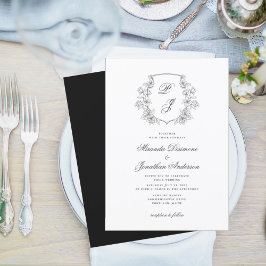 Invitación Escudo botánico Monograma Boda blanco negro