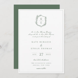 Invitación Escudo botánico Monograma Boda verde sabio