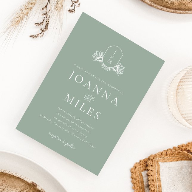 Invitación Escudo botánico Sage Green Monograma (Subido por el creador)