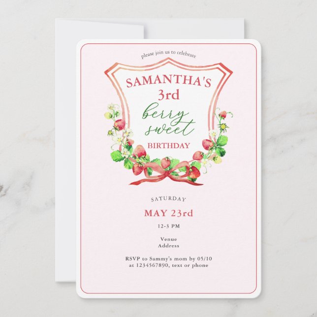 Invitación Escudo Bow Berry Sweet Watercolor Cualquier Edad C (Anverso)