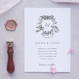 Invitación Escudo caprichoso | Monograma Boda blanco y negro