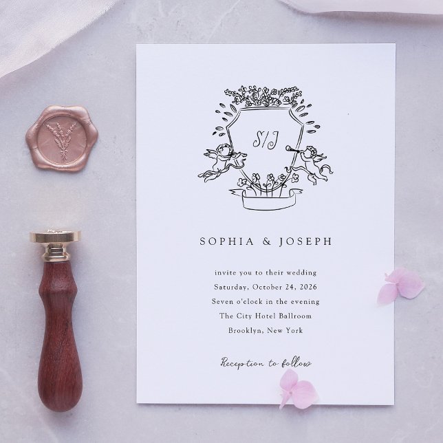 Invitación Escudo caprichoso | Monograma Boda blanco y negro (Subido por el creador)
