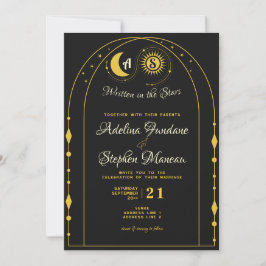 Invitación Escudo Celestial Black Gold Moon Sun RSVP Código Q