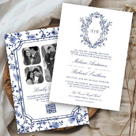 Invitación Escudo chino blanco y azul Boda de código QR