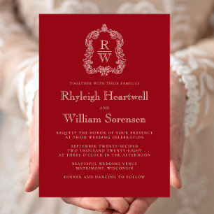 Invitación Escudo clásico de monograma Boda rojo Cranberry