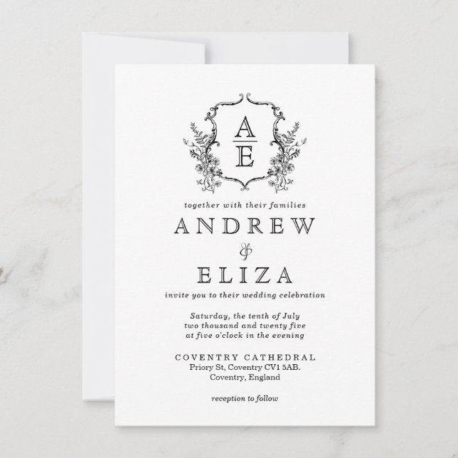 Invitación Escudo clásico del Monograma Froral Botánico (Anverso)