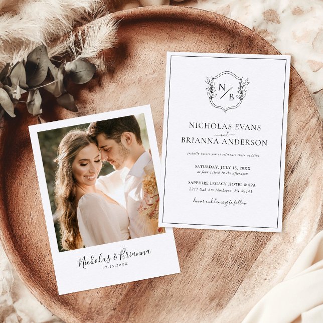 Invitación Escudo clásico Monograma blanco negro Boda foto (Subido por el creador)