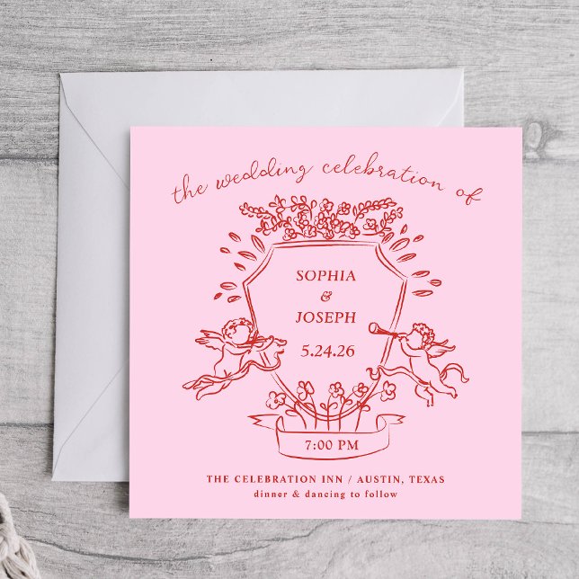 Invitación Escudo con Boda de Cherubs dibujado de mano rosa y (Subido por el creador)