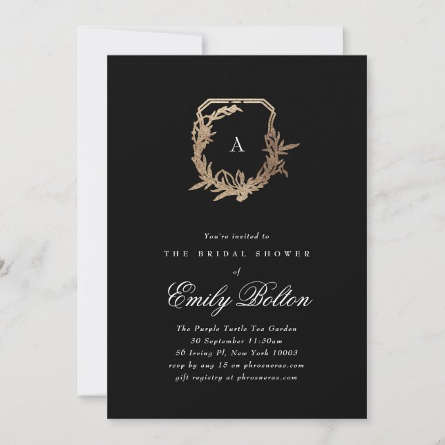 Invitación escudo con ducha de novia con monograma floral neg (Anverso)