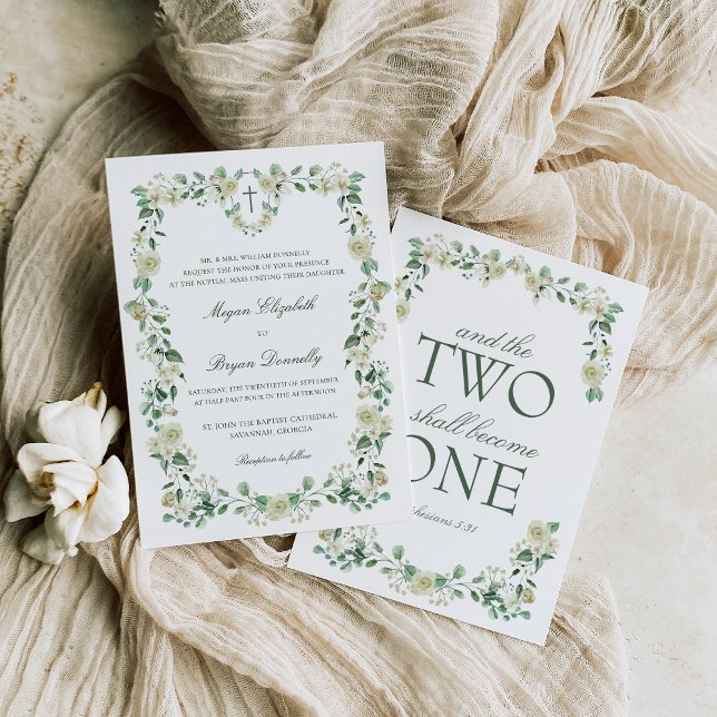 Invitación Escudo de acuarela floral blanca Boda católica (Dainty Catholic wedding invitation with white flowers and greenery and Bible verse)