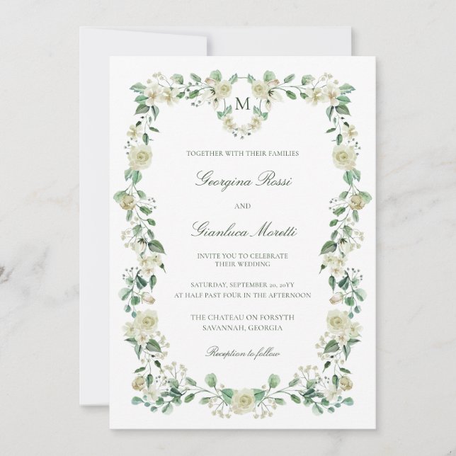 Invitación Escudo de acuarela floral blanca y Boda monograma (Anverso)