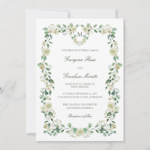 Invitación Escudo de acuarela floral blanca y Boda monograma
