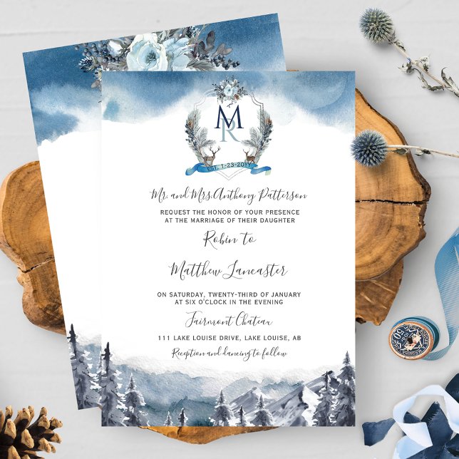 Invitación Escudo de acuarela y montañas, Boda azul turbio (Subido por el creador)