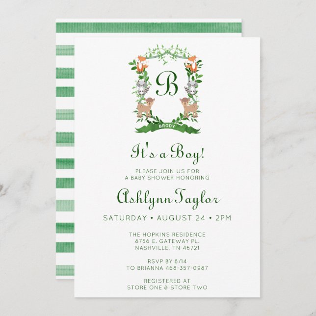 Invitación Escudo de Animales Forestales es un chico Baby Sho (Anverso / Reverso)