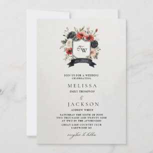 Invitación Escudo de armas con Boda de anémonas rojas y blanc