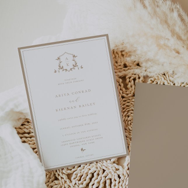 Invitación Escudo de Boda de monograma beige de las vides inm (Subido por el creador)