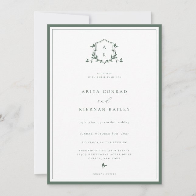 Invitación Escudo de Boda de monograma verde de las vides sin (Anverso)