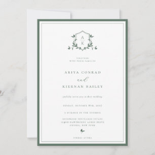 Invitación Escudo de Boda de monograma verde de las vides sin