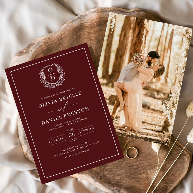Invitación Escudo de Borgoña  Monograma Boda fotográfico (Subido por el creador)