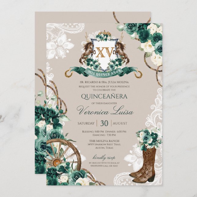 Invitación Escudo de Caballo Floral de Charro Verde Quinceane (Anverso / Reverso)