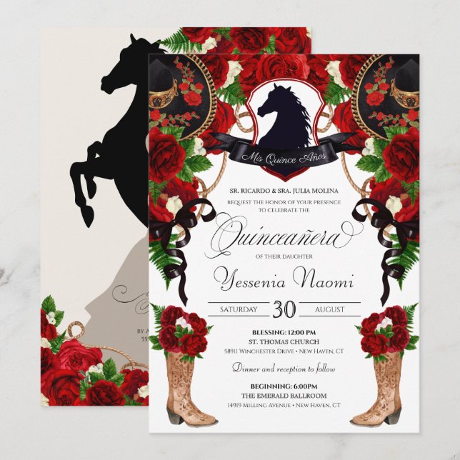 Invitación Escudo de Caballo Rosa Rojo Charro Western Eleganc (Anverso / Reverso)