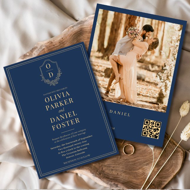 Invitación Escudo de código QR de Marina Blue Gold Boda de fo (Subido por el creador)