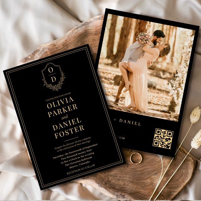 Invitación Escudo de código QR de oro negro Boda de fotos (Subido por el creador)