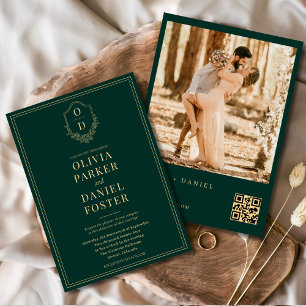 Invitación Escudo de código QR de oro verde esmeralda Boda de
