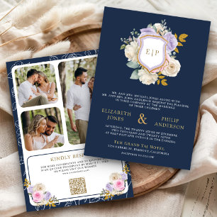 Invitación Escudo de código QR floral púrpura Boda azul de la