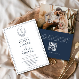 Invitación Escudo de código QR Marina foto azul Boda moderno