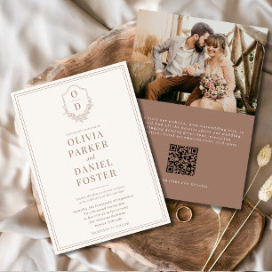 Invitación Escudo de código QR Mocha Brown Foto Boda moderno