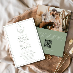 Invitación Escudo de código QR Sage Green Photo Elegant Weddi