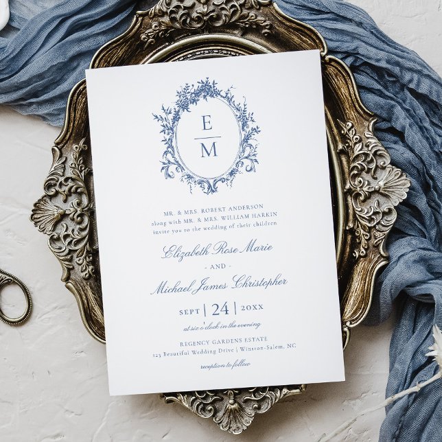 Invitación Escudo de cosecha Monograma Boda azul botánico (Subido por el creador)