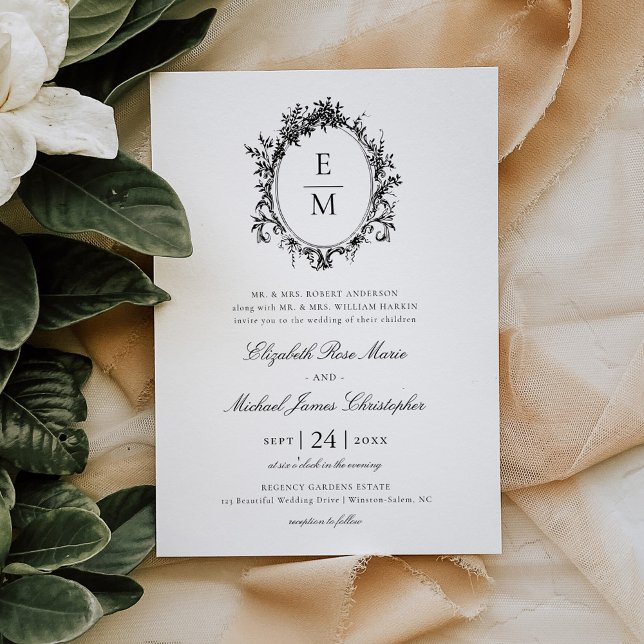 Invitación Escudo de cosecha Monograma Boda formal botánico (Subido por el creador)