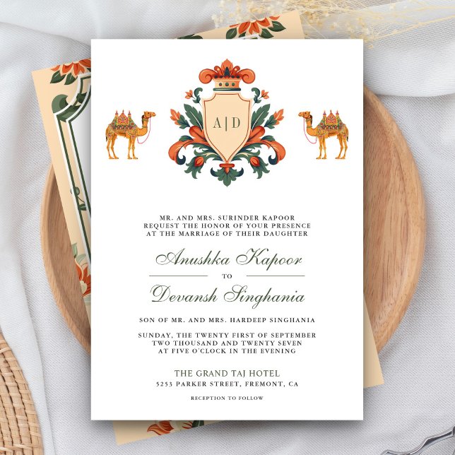 Invitación Escudo de época Real Camel Boda hindú indio (Subido por el creador)