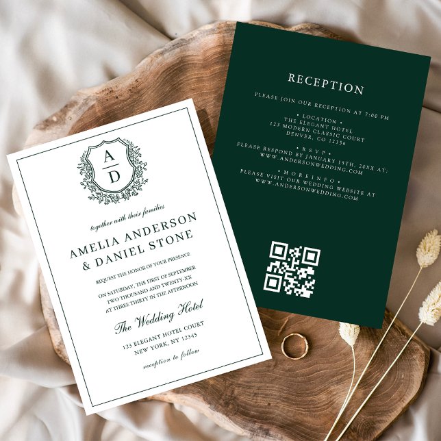 Invitación Escudo de esmeralda verde monograma Boda código QR (Subido por el creador)