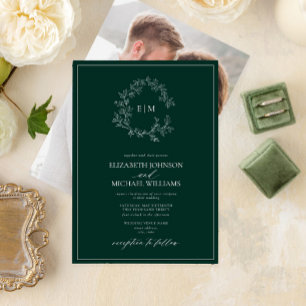 Invitación Escudo de esmeralda verde  Monograma Boda fotográf