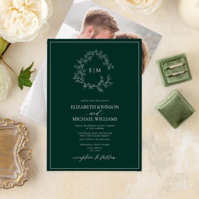 Invitación Escudo de esmeralda verde  Monograma Boda fotográf (Subido por el creador)