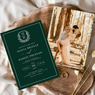 Invitación Escudo de esmeralda verde  Monograma Boda fotográf