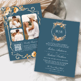 Invitación Escudo de flor silvestre otoño Código QR Boda azul