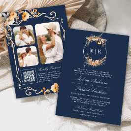 Invitación Escudo de flor silvestre otoño Código QR Boda azul