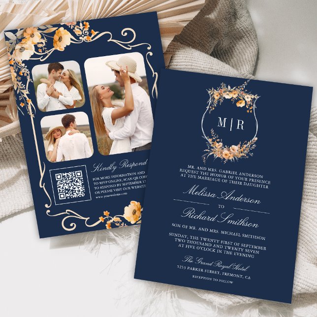 Invitación Escudo de flor silvestre otoño Código QR Boda azul (Subido por el creador)