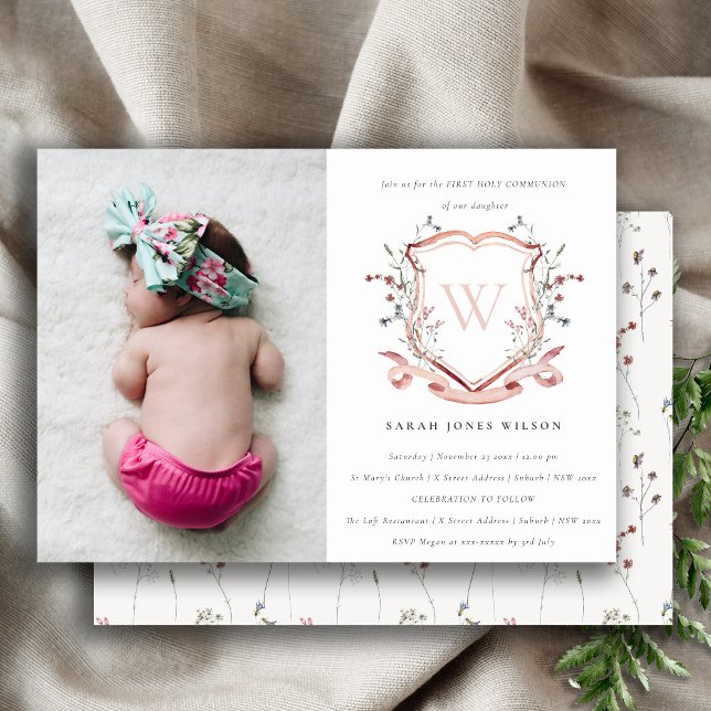 Invitación Escudo de Flor Silvestre Rosa Foto Primera Comunió (Subido por el creador)