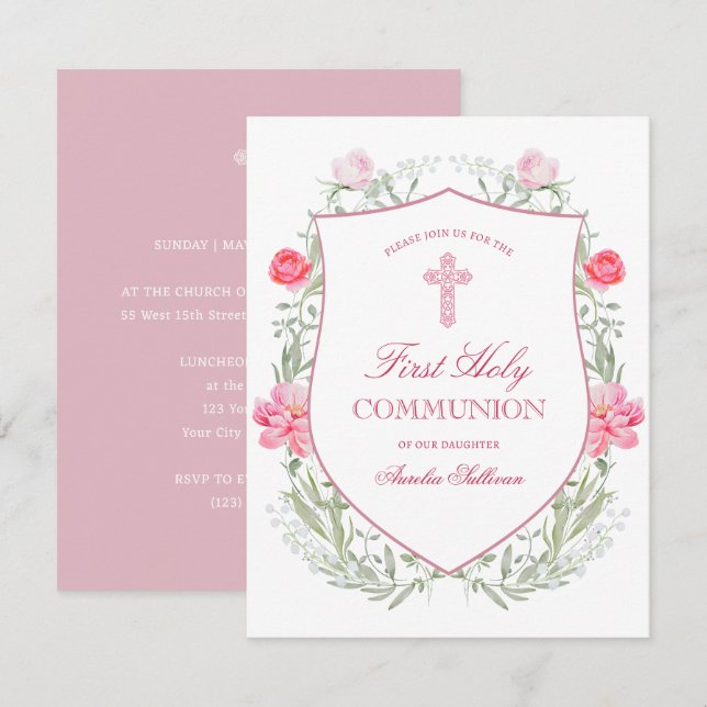 Invitación Escudo de Flores de Jardín Rosado Primera Comunión (Anverso / Reverso)