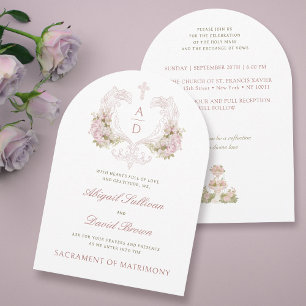 Invitación Escudo de Flores Rosadas Monogramos Boda católico