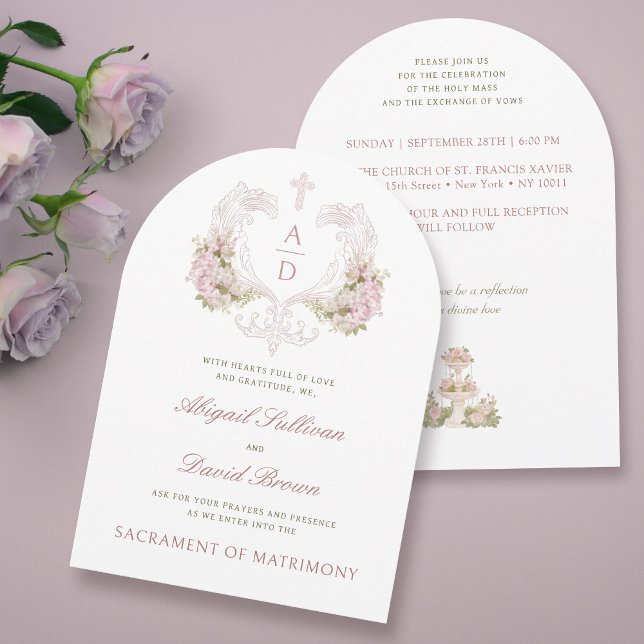 Invitación Escudo de Flores Rosadas Monogramos Boda católico (Subido por el creador)