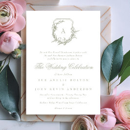 Invitación escudo de hoja clásica boda sage verde monograma