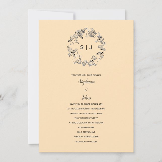 Invitación Escudo de hoja Monograma Crema de marfil Boda Beig (Anverso)
