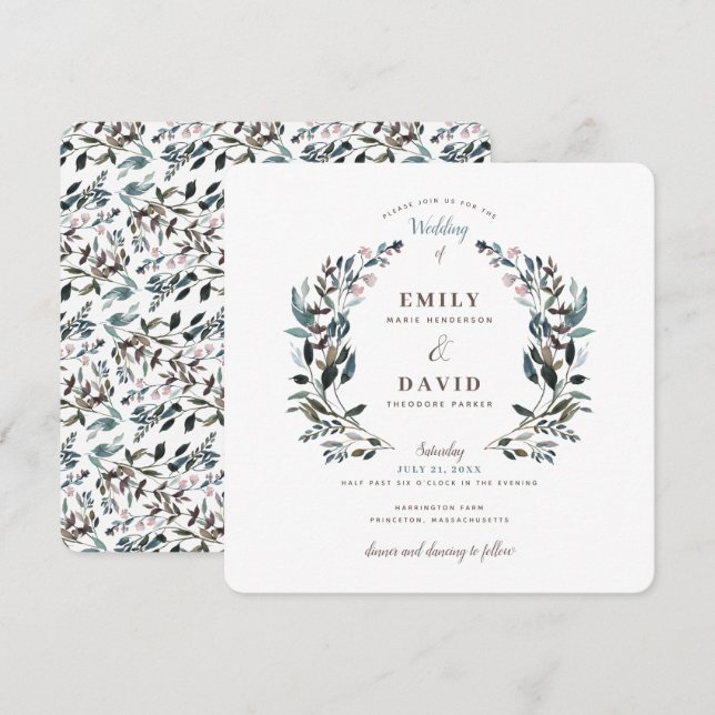 Invitación Escudo de jardín | Boda de la plaza floral azul bl (Anverso / Reverso)