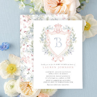 Invitación Escudo de la Corona Monograma Azul Rosa Baby Showe
